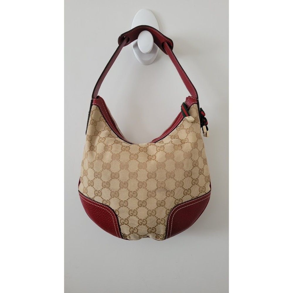 +SOLD* Gucci Princy Women's Tan Monogram GG Canvas Red Leather Trim Hobo Handbag